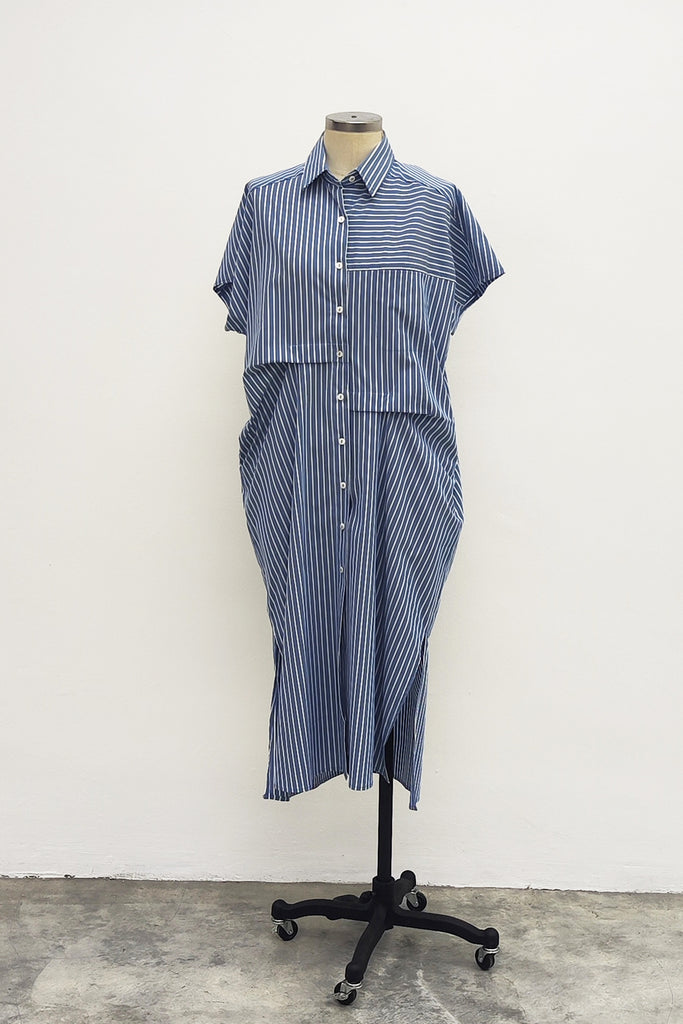 FRONT PLEATED SHIRT DRESS IN BLUE STRIPE