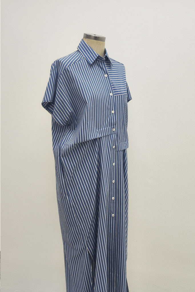 FRONT PLEATED SHIRT DRESS IN BLUE STRIPE