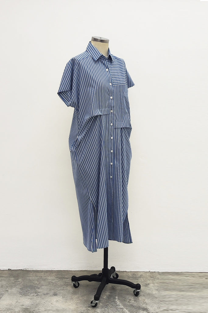 FRONT PLEATED SHIRT DRESS IN BLUE STRIPE