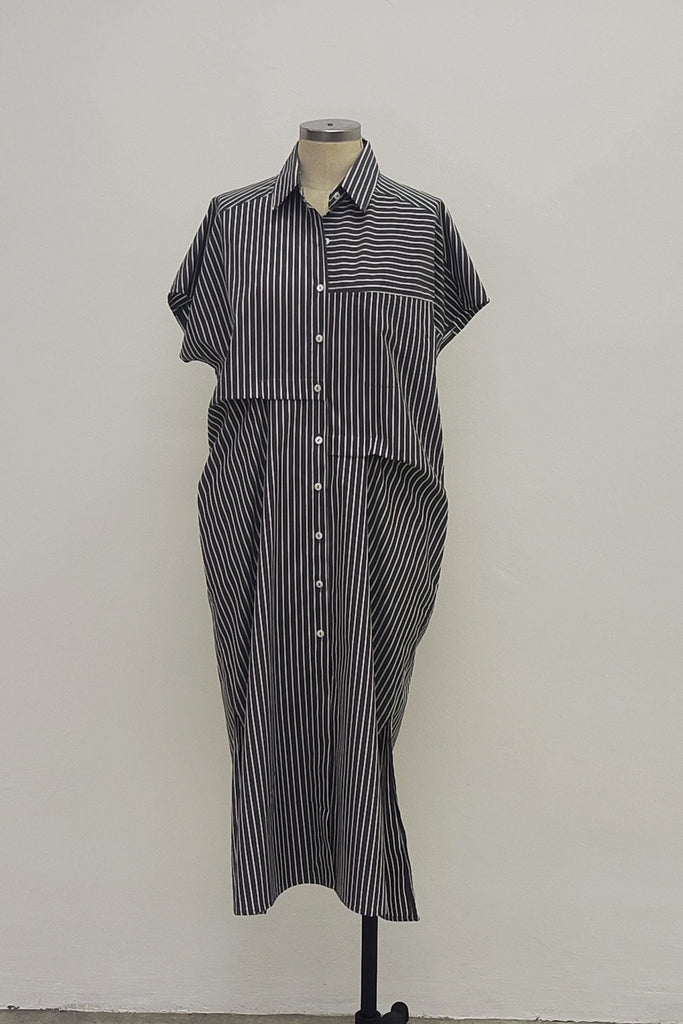 FRONT PLEATED SHIRT DRESS IN GREY STRIPE