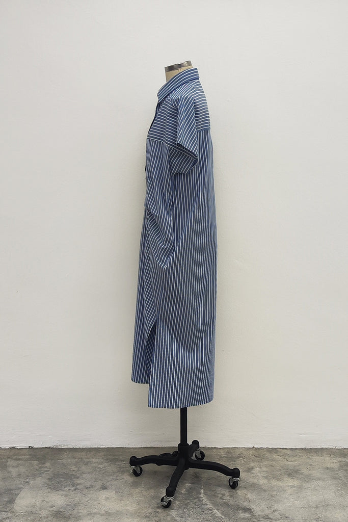 FRONT PLEATED SHIRT DRESS IN BLUE STRIPE