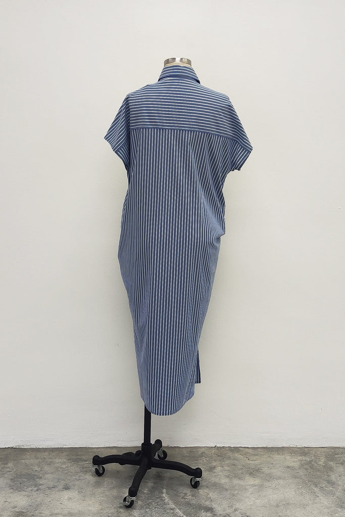 FRONT PLEATED SHIRT DRESS IN BLUE STRIPE