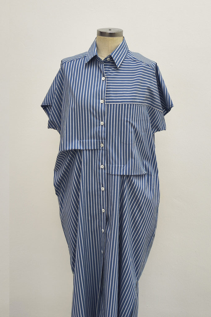 FRONT PLEATED SHIRT DRESS IN BLUE STRIPE