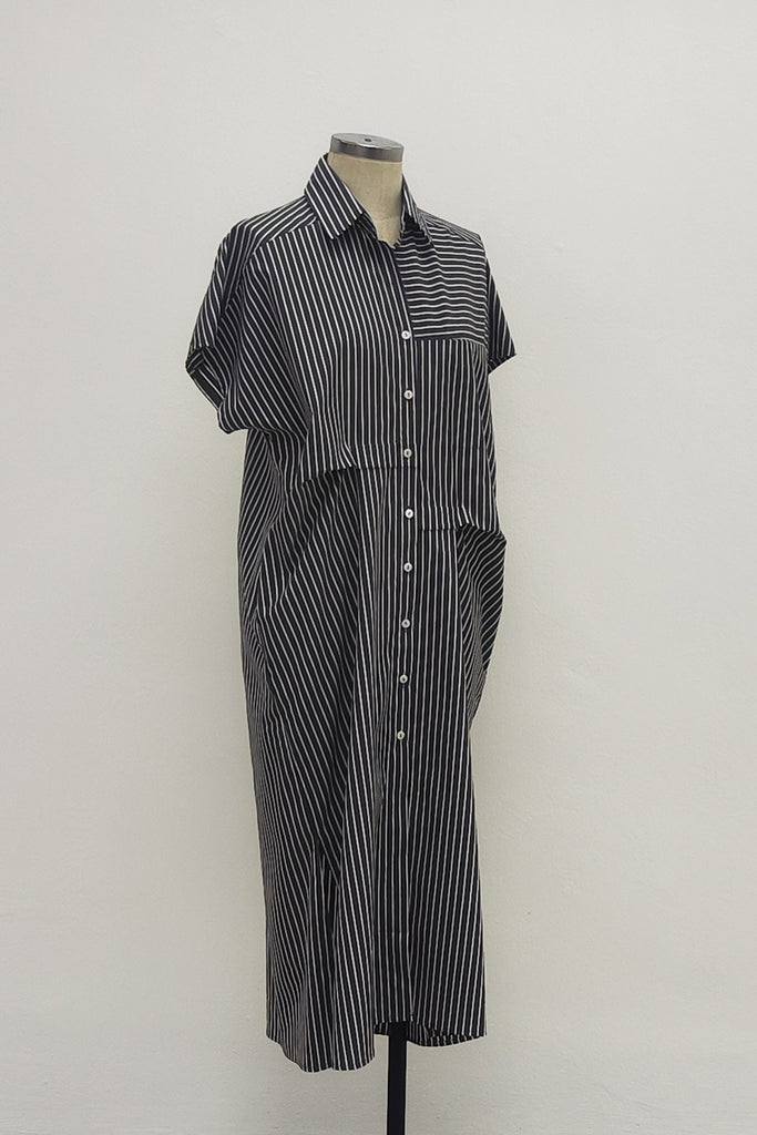 FRONT PLEATED SHIRT DRESS IN GREY STRIPE