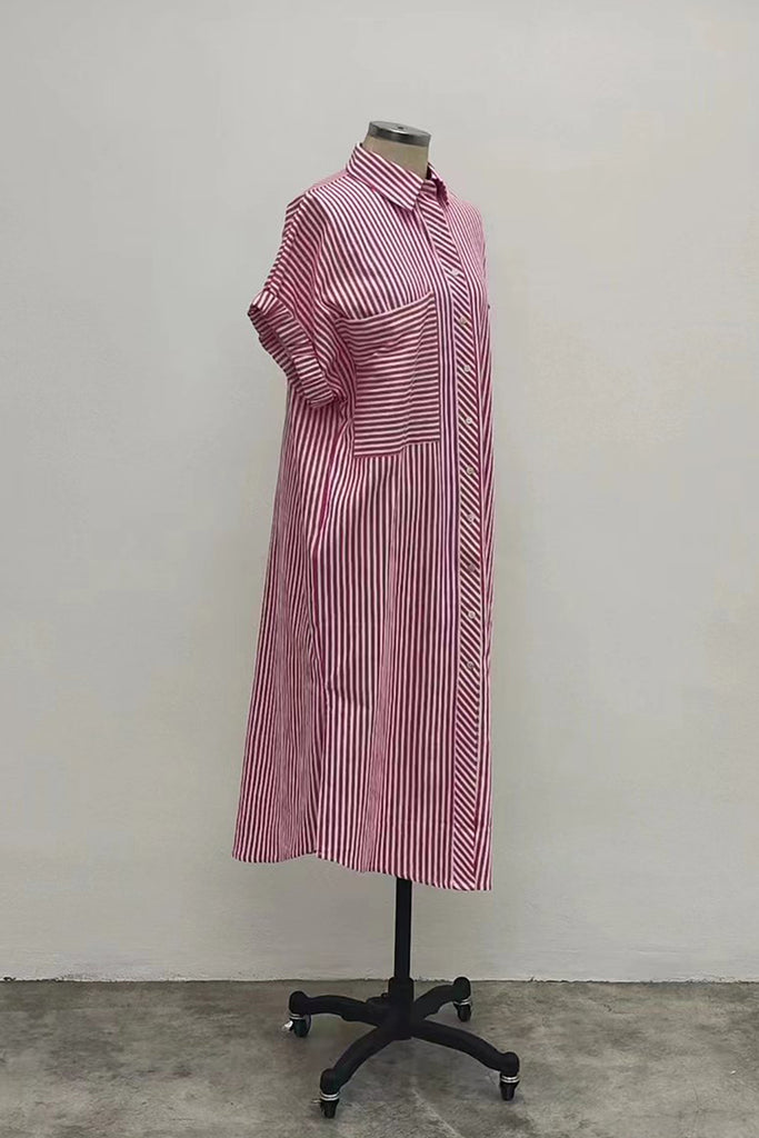 ELASTICED CUFF SHIRT DRESS IN PINK STRIPE