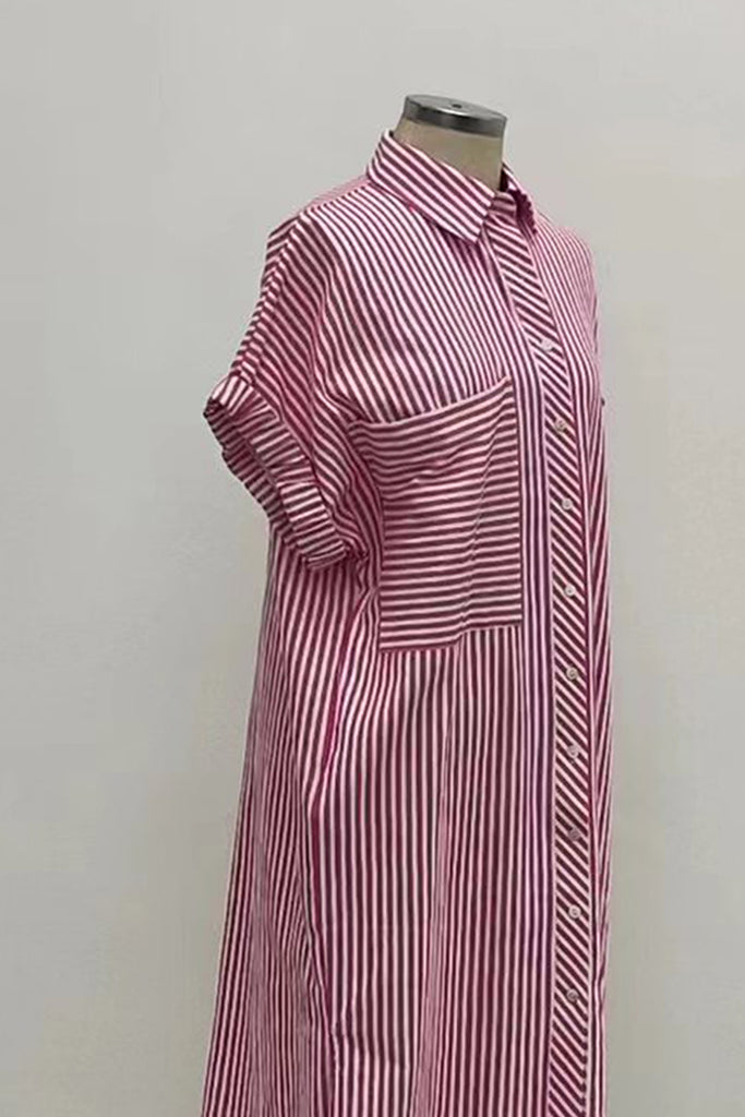 ELASTICED CUFF SHIRT DRESS IN PINK STRIPE