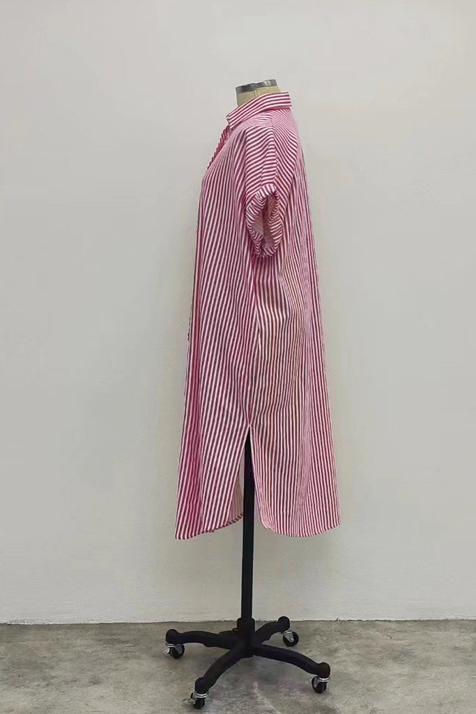 ELASTICED CUFF SHIRT DRESS IN PINK STRIPE