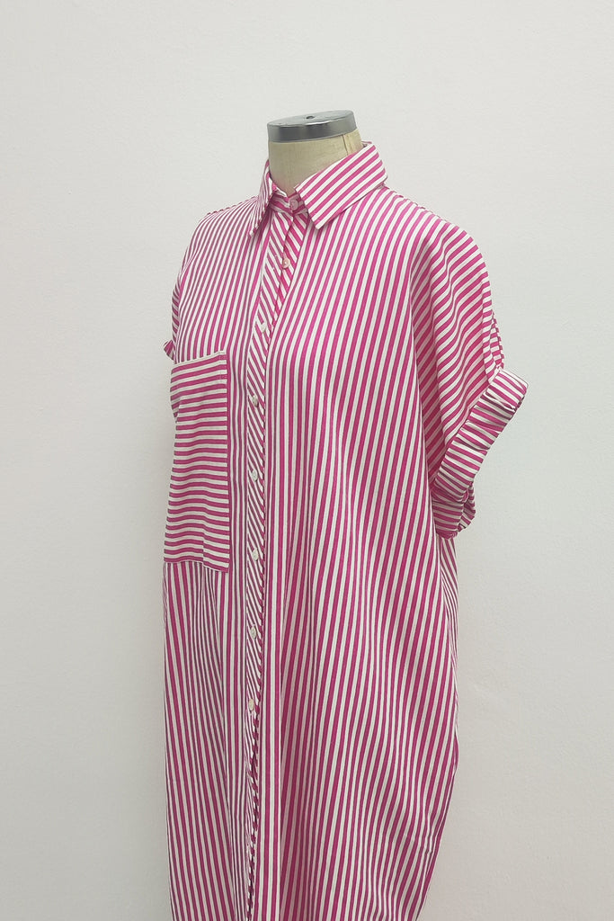 ELASTICED CUFF SHIRT DRESS IN PINK STRIPE